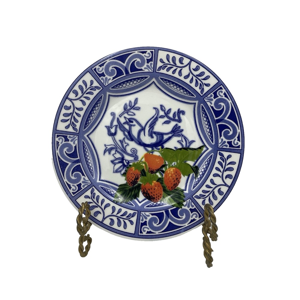 Blue Bird Ceramic Salad Plate Blue‎ & White With Strawberries 7 ¾" Made in Italy